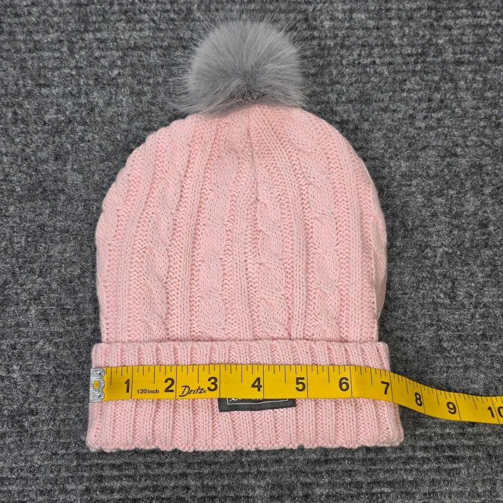 Eddie Bauer Cable Knit Beanie Girl's Pink Faux Fur‎ Pom Pom Fleece Lined Shimmer